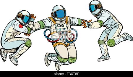 Drei Astronauten im Weltraum in der Schwerelosigkeit. auf weißem Hintergrund isolieren. Pop Art retro Vektor Illustration kitsch Vintage Stock Vektor