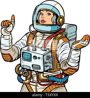 Frau, Astronaut, Weltraumforschung isolieren auf weißem Hintergrund. Pop Art retro Vektor Illustration vintage Kitsch 50s 60s Stock Vektor