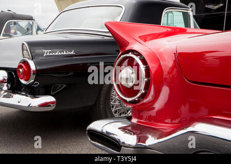 CONCORD, NC (USA) - April 6, 2019: 1955 und 1957 Ford Thunderbird Automobile auf der Pennzoil AutoFair Classic Car Show in Charlotte Motor Stockfoto