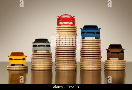 Farbiges auto Silhouetten stehen auf gold coin Stacks. 3D-Darstellung. Stockfoto