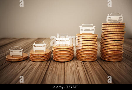 Weißes auto Silhouetten stehen auf gold coin Stacks. 3D-Darstellung. Stockfoto