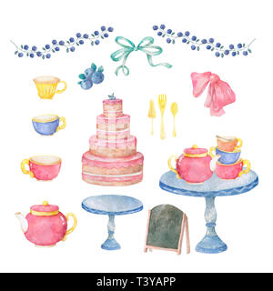 Aquarell Rosa leckere Kuchen, Tabelle, Tasse Kaffee, Menü, Bogen für Feier Geburtstag Karte. Süße Hand gezeichnet clip art auf weißem Hintergrund. Stockfoto