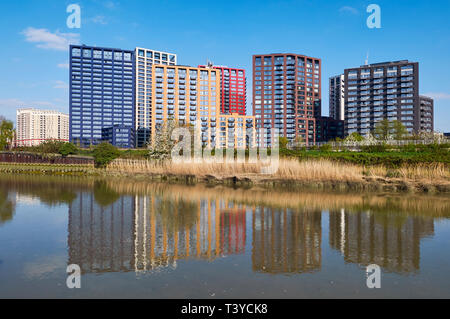 Neu errichteten Wohnblocks an Bug Creek, Pappel, im East End von London, Großbritannien Stockfoto