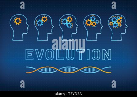 Kopf Silhouette mit Zahnrad Brain Evolution Konzept Vector Illustration. Gesicht Profil mit sich entwickelnden Getriebe Gehirn, blau, orange DNA-Molekül Helix und großes Schild Evolution auf der tech Hintergrund Stock Vektor