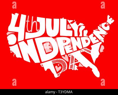 Der Tag der USA die Unabhängigkeit. Handschriftliche Beschriftung in die Silhouette von Amerika. Weiß auf rotem Hintergrund. Schönes Design für Glückwünsche und Po Stock Vektor