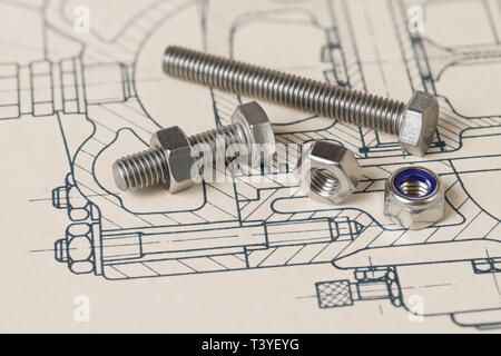 Metall schrauben. Muttern Gruppe. Geschlüpft Zeichnung. Technische Ausarbeitung. Stahl Schrauben. Gewindeteile mit Sechskantkopf. Blau Sicherungsscheibe. Professionelles Projekt. Stockfoto
