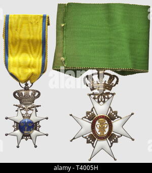 Ordre de Wasa, Commandeur de Vermeil, Zentrum en oder, eklats sur une Pointe. Ordre de l'Epée, Chevalier militaire, en Argent, eklats sur le bleu Revers. Créé par le Roi Gustave III de eingepreßtem Muster le 26 Mai 1772, Jour de Sohn couronnement, en l'honneur du fondateur de sa Dynastie, Additional-Rights - Clearance-Info - Not-Available Stockfoto