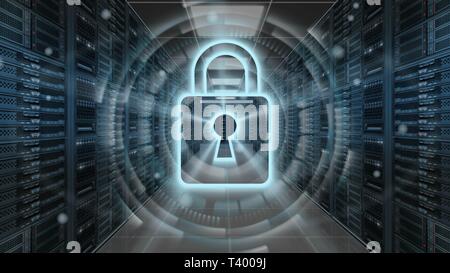 Digitale Sicherheit Hologramm mit Vorhängeschloss auf Server - Cyber Security oder Netzwerk Schutz - 3D-Rendering Stockfoto