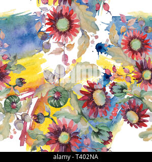 Red Aster und Acorn bouquet Blumig botanischen Blumen. Aquarell Abbildung. Nahtlose Muster. Stockfoto
