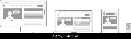 Responsive adaptive Web Design. Website öffnen auf verschiedenen Geräten. Computer PC Monitor, Laptop, Tablet PC, Smartphone mobile. Flache minimalistischen modernen di Stock Vektor