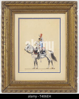 SECONDE RÉPUBLIQUE ET SECOND EMPIRE 1848-1870, Aquarelle originale du peintre militaire Lucien Rousselot, Représentant un musicien Du 1er Régiment de Kürassiere, période Du 1er Empire francais. Le sujet exécuté sur papier, Représente un musicien jouant du Cor d'Harmonie, il Monte un Cheval Blanc et Porte l'uniforme des trompettes Du 1er Régiment de Kürassiere. L'Oeuvre est signée des Deux initiales du peintre "L. R'en Bas à Droite. Au dos du Cadre, Klischee et Extrait de Journal parlant du peintre Rousselot. Ensemble en Bon état, Trace de mouillures, p, Artist's Urheberrecht nicht gelöscht werden Stockfoto