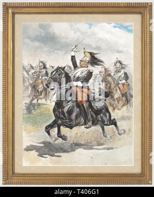 SECONDE RÉPUBLIQUE ET SECOND EMPIRE 1848-1870, Gravure en couleur du peintre militaire Edouard Detaille, Représentant un Officier supérieur Du 1er Régiment de Kürassiere de la Garde Imperiale de l'Empereur Napoléon III. Sujet "Traité en couleur, Signé en Bas à droite et daté Janvier 1890 (?), Représentant le Colonel (?) Du 1er Régiment de Kürassiere de la Garde Imperiale menant La kostenlos Sabre Au Clair. En arrière-Plan, auf voit un Officier subalterne et des Kürassiere accompagnés d'un des trompettes du régiment. Ensemble en Bon état, présenté s, Additional-Rights - Clearance-Info - Not-Available Stockfoto