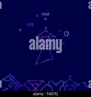 Damen Kleid auf einem Kleiderbügel Vektorlinie Abbildung. Kleidung, Bekleidung, Verschleiß Gradient Symbol, Symbol, Zeichen. Dunkelblauen Hintergrund. Der unteren Grenze. Stock Vektor