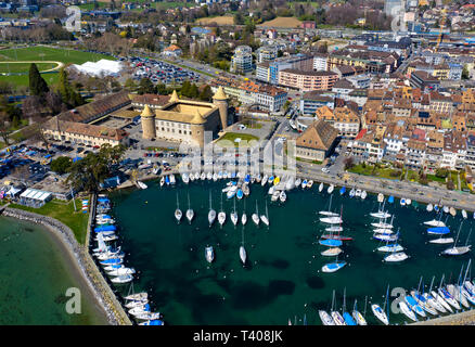 Morges Schloss und Marina am Genfer See, Luftaufnahme, Morges, Waadt, Schweiz Stockfoto