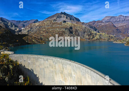 Emosson Dam und Wasserbehälter, Barrage d'Emosson, Luftaufnahme, Finhaut, Wallis, Schweiz Stockfoto