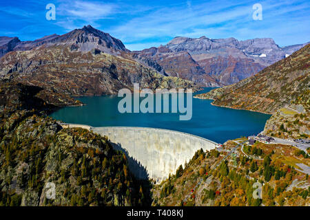 Emosson Dam und Wasserbehälter, Barrage d'Emosson, Luftaufnahme, Finhaut, Wallis, Schweiz Stockfoto