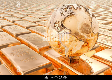 Goldenen Barren Hintergrund mit Globus, 3D-Rendering Stockfoto