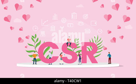 Csr corporate social responsibility Konzept big Text mit Menschen arbeiten im Team arbeiten mit moderner rosa Farbe - Vector Illustration Stockfoto