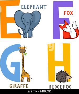 Englisch animal Alphabet E, F, G und H Buchstaben mit cute cartoon Elefant, Fuchs, Giraffe und Igel Stock Vektor
