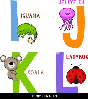 Englisch animal Alphabet I, J, K und L Buchstaben mit cute cartoon Leguan, Quallen, Koala und Marienkäfer Stock Vektor