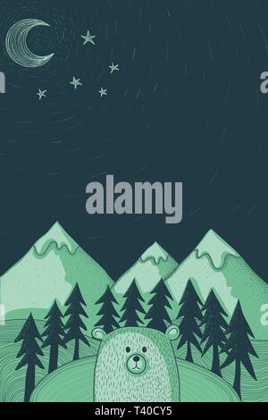Nette und ausführliche Darstellung eines Bären mit der Natur in der Nacht Hintergrund für Kinder. Stock Vektor