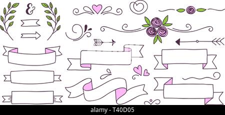 Satz von niedlichen doodle Banner, floralen Elementen und Herzen für Ihr Design Stock Vektor