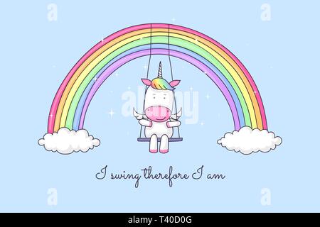 Cute cartoon Einhorn Schwingen auf einem Regenbogen, mit einem lustigen Zitat beweist Einhörner existieren Stock Vektor