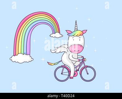 Cute Cartoon von Einhorn Fahrrad unter einem Regenbogen. Stock Vektor