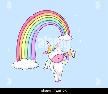 Cute Cartoon von Einhorn schreien in ein Megaphon unter einem Regenbogen Stock Vektor