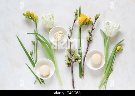Frühling Blüten mit makronen auf einem hellen Hintergrund, flach Stil Stockfoto