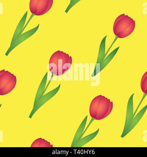 Nahtlose Muster rot Tulpen auf gelben Hintergrund Frühling design Vector Illustration EPS 10. Stock Vektor