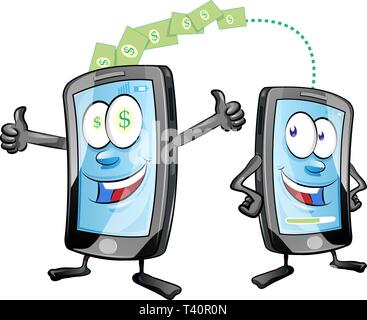 Senden und Empfangen von Geld wireless mit Handys Zeichentrickfiguren Stock Vektor