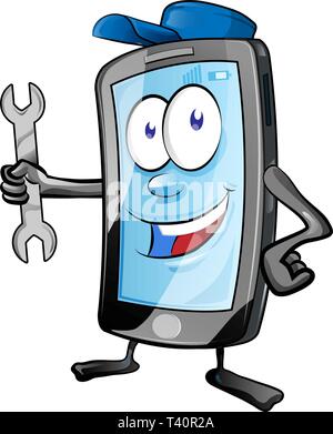 Ein Smartphone mobile Reparatur Service oder Mechaniker app Zeichentrickfigur Maskottchen holding Schlüssel und geben. clip art Vector Illustration Stock Vektor