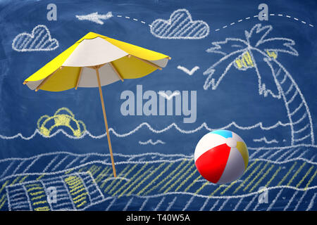 3D-Rendering des Sonnenschirms und ein Beach Ball gegen eine kreidezeichnung von Strand, Palmen und Meer. Stockfoto