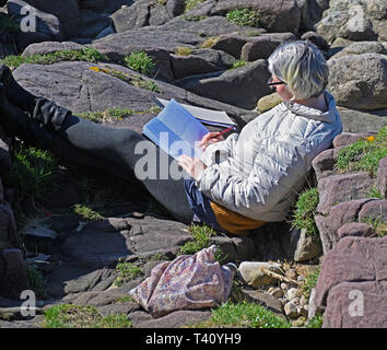 Frau entspannend auf felsigen Strand, ein Buch zu lesen. Alte Heysham, Morecambe Bay, Lancashire, England, Vereinigtes Königreich, Europa. Stockfoto