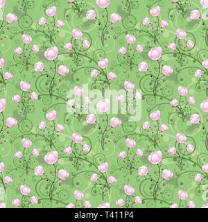 Nahtlose Muster mit lila Blüten, Blätter, Zweige, Blätter und Knospen. Stock Vektor
