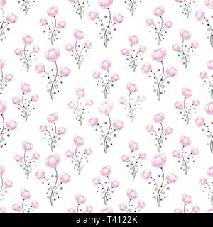 Nahtlose Muster mit lila Blüten, Blätter, Zweige, Blätter und Knospen. Stock Vektor