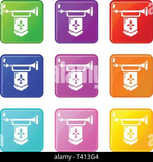 Alte Trompete mit Flag Icons Set 9 Colour Collection Stock Vektor