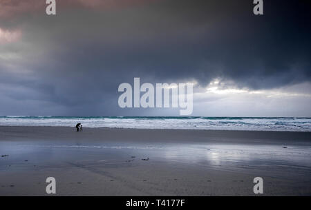 Mann am Strand ein Stativ, Lofoten, Nordland, Norwegen Stockfoto