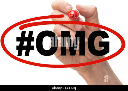 Hand zeichnen ein roter Kreis um den Text #OMG. Stockfoto