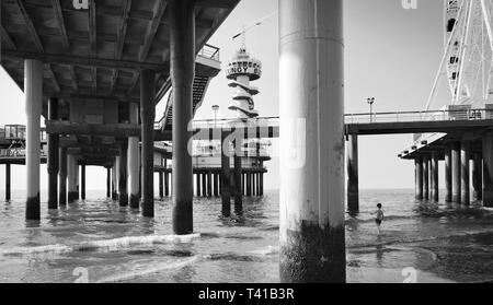 Low Angle View auf Pole einer Pier im Meer im Sommer in Scheveningen, Niederlande Stockfoto