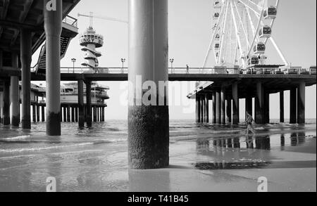 Low Angle View auf Pole einer Pier im Meer im Sommer in Scheveningen, Niederlande Stockfoto
