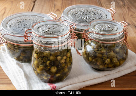 Gebeizt falsche Kapern aus Löwenzahn Knospen in Gläsern gemacht Stockfoto