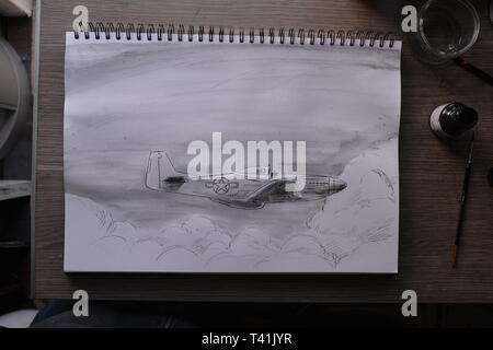 Skizzenbuch zeichnen in Phasen der P51 Mustang. Bleistift, Feder und Tinte und Tusche waschen. Stockfoto