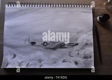 Skizzenbuch zeichnen in Phasen der P51 Mustang. Bleistift, Feder und Tinte und Tusche waschen. Stockfoto