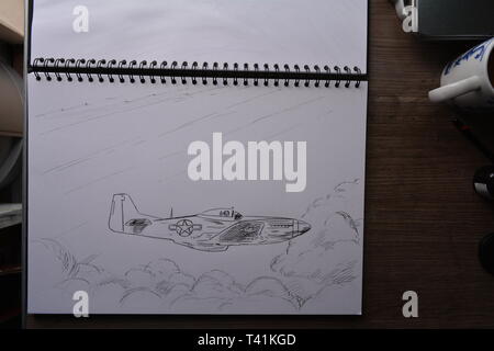 Skizzenbuch zeichnen in Phasen der P51 Mustang. Bleistift, Feder und Tinte und Tusche waschen. Stockfoto