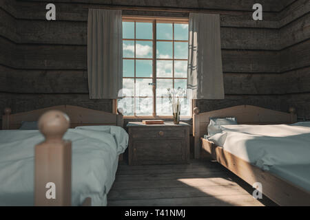 3D-Rendering aus Holz Schlafzimmer in einem Chalet vor der schönen schneebedeckten Berg Stockfoto