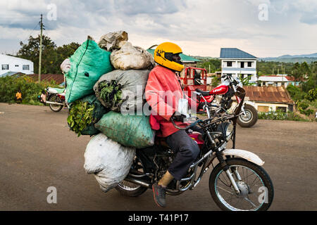 In der Nähe von Kisumu, Kenia - 8. März 2019 - ein Mann auf einem schwer beladenen Motorrad Stockfoto