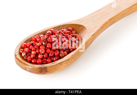 Pink oder Rosa brasilianischen roter Pfeffer (Schinus terebinthifolius) Löffel aus Holz mit weißem Hintergrund Stockfoto