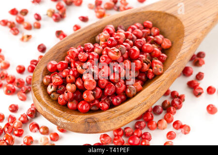 Pink oder Rosa brasilianischen roter Pfeffer (Schinus terebinthifolius) Löffel aus Holz mit weißem Hintergrund Stockfoto